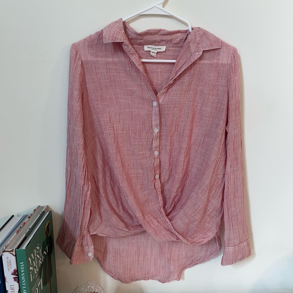 Coastal Grandma Era red/white striped beach shirt